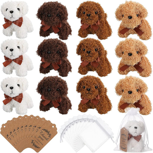 12 Pack Mini Stuffed Animals Puppies Soft Small Plush Dogs with Organza Bags Thank You Tags Cute Stuffed Animals for Boys Girls Dog Party Favors Birthday Gifts Carnival Prizes Backpack Pendant