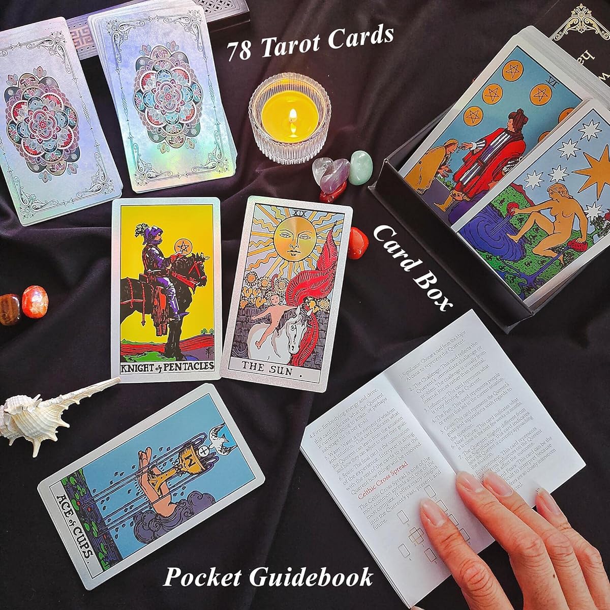 Tarot Card Guidebook Card Deck for Beginners PVC Waterproof Gold Leaf Fortune Telling Tool (Silver Flower 01)