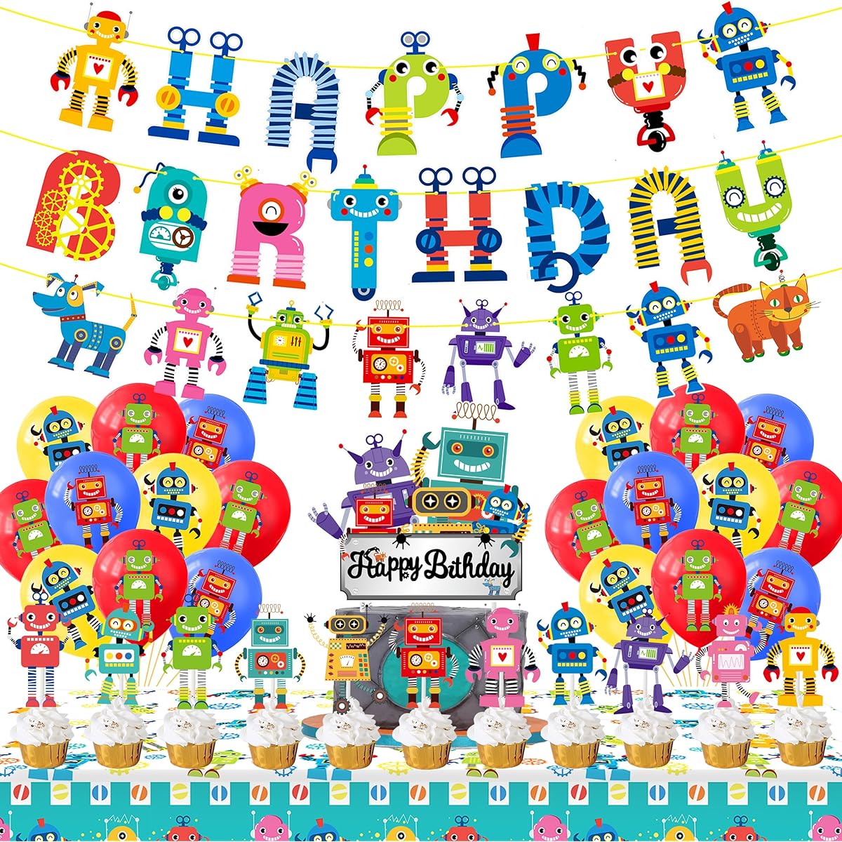 Robot Birthday Party Decorations Robot Birthday Banner Robot Cupcake Toppers Birthday Boys Gear Robot Party Supplies