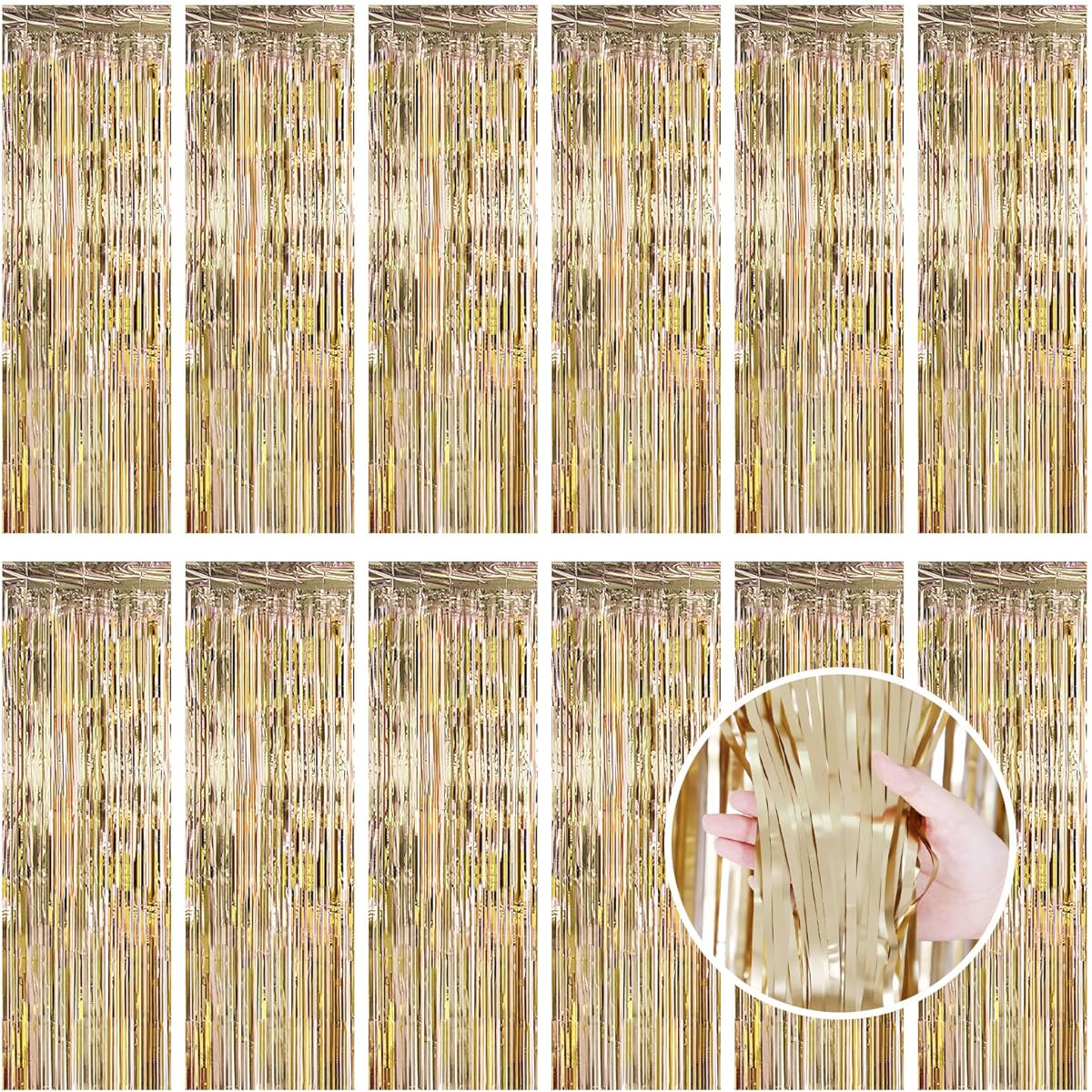 Champagne Gold Fringe Curtains Party Streamers 12 Pack 3.3ft x 8.5ft Foil Curtain Backdrop Tinsel Foil Fringe Curtains Photo Booth Backdrop Streamers for Birthday Wedding Baby Shower Disco Party