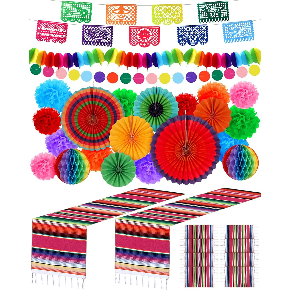 Mexican Party Decorations Set, 28 Pieces Mexican Table Runners, 2 Placemats, Picado Banner, Multicolor Hanging Paper Fans, Pom Pom Flowers, Honeycomb Balls, Cinco de Mayo Party Supplies