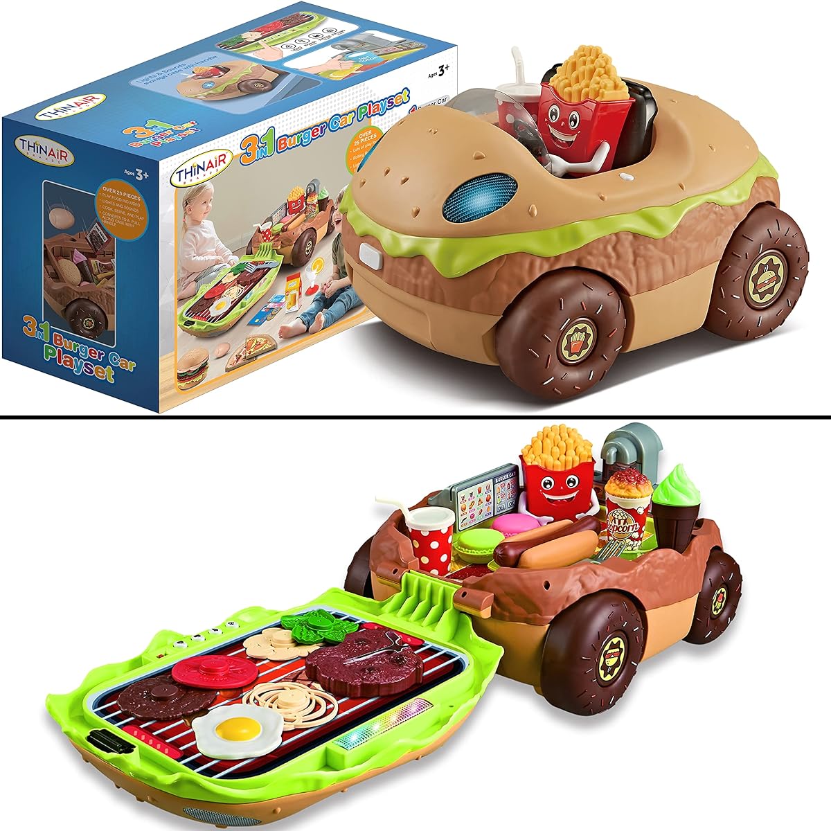 Nature Bound Burger Car Kids Kitchen Playset: 3 pretend play toys in 1 with fun lights and sounds - burger shaped toy car, toy food, toy grill and toy restaurant/food truck for kids ages 3 and up.
