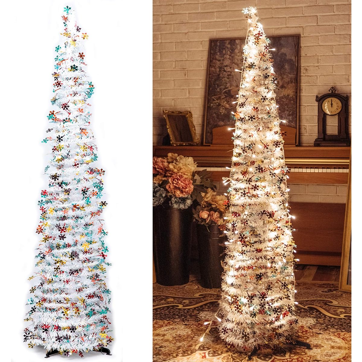 NIGHT-GRING Pop Up Artificial Christmas Tree with 100 LED Lights Foldable Pencil for Christmas Tree Holiday Carnival Party Christmas Decorations (White)