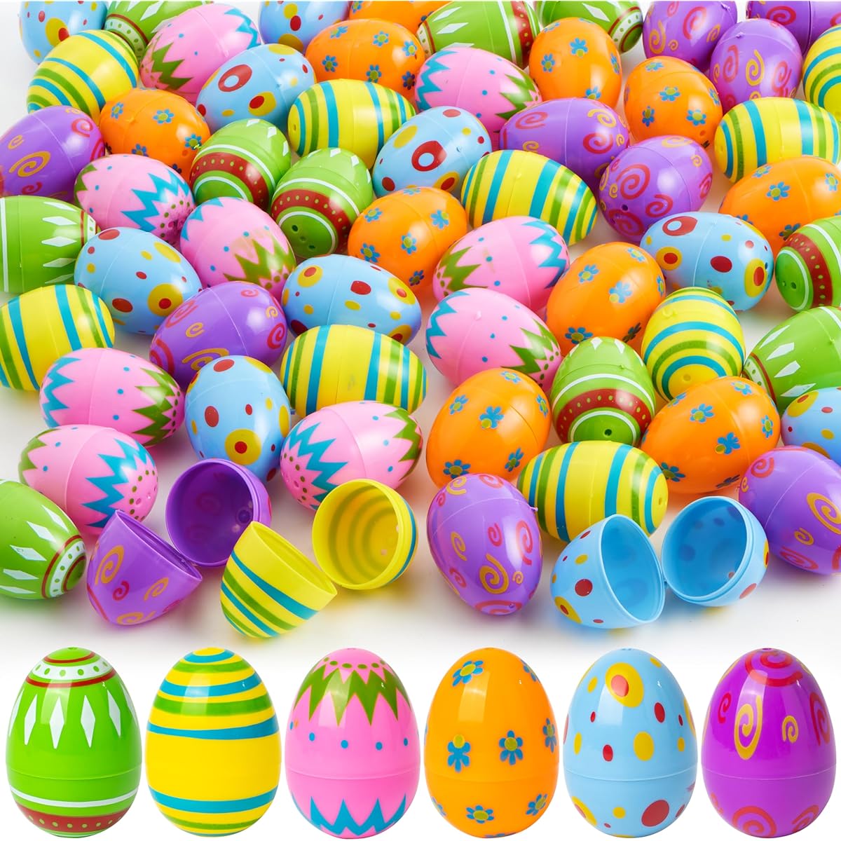 100 Plastic Printed Bright Easter Eggs 2 3/8" Tall for Easter Hunt Basket Stuffers Classroom Giveaway Supplies Candy Stuffers Party Favors