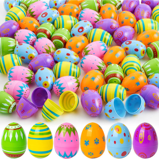 100 Plastic Printed Bright Easter Eggs 2 3/8" Tall for Easter Hunt Basket Stuffers Classroom Giveaway Supplies Candy Stuffers Party Favors