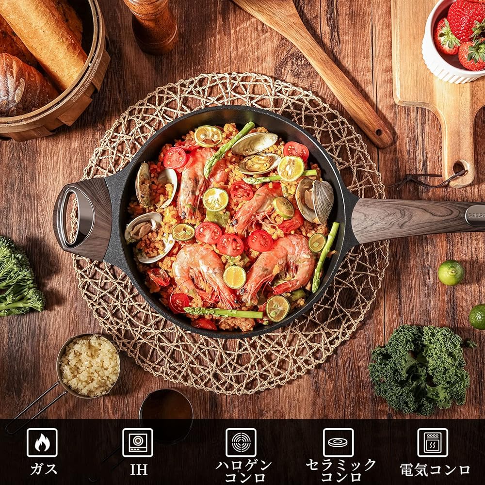 SENSARTE Frying Pan, Deep Stir-Fry Pot, 30 cm, IH Compatible, Compatible with Gas Fire, Compatible with All Heat Sources, Includes Lid, Non-Stick, 5 Layer Structure, Wok, Easy to Clean, Non-Stick Processing, Non-Stick High Heat Efficiency