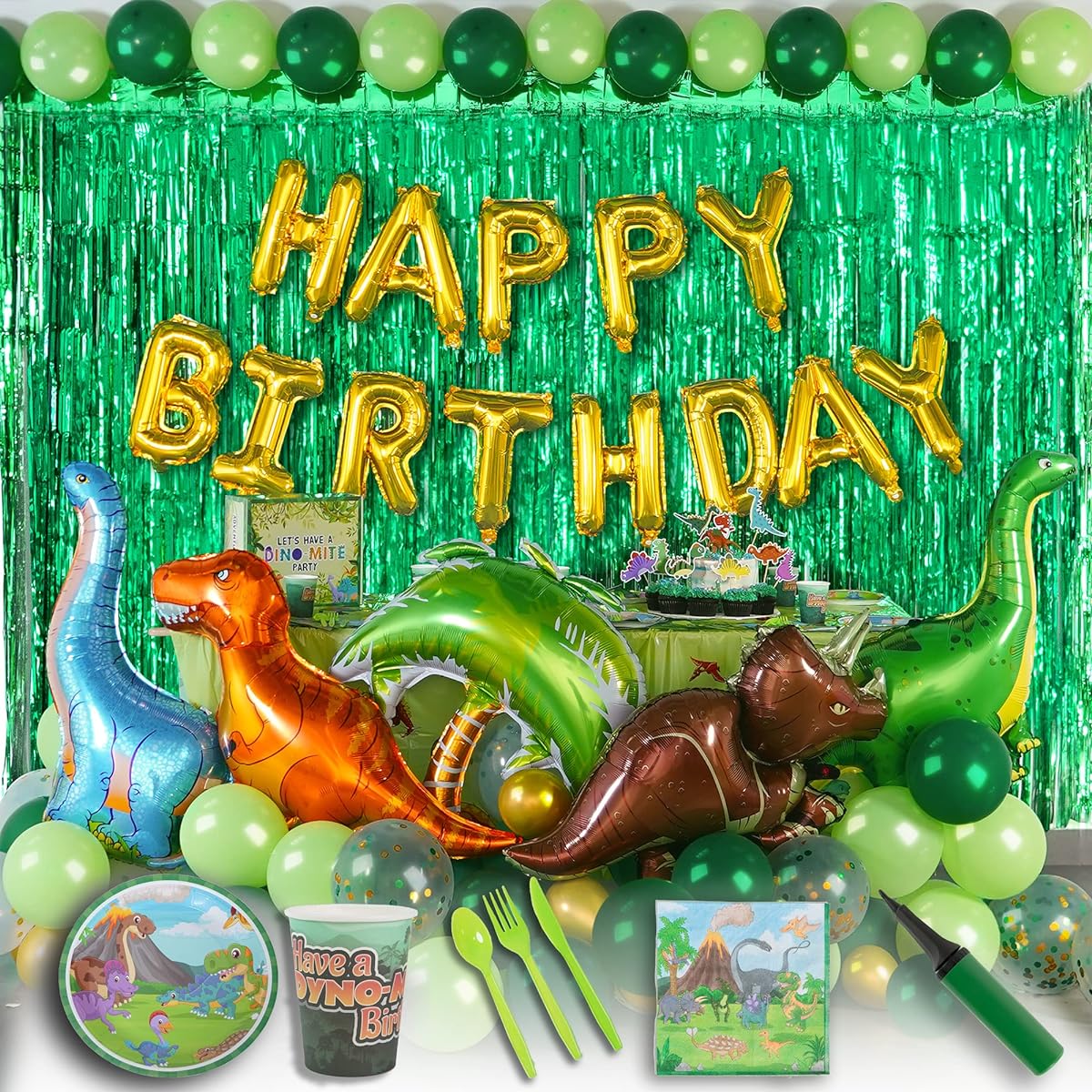 Partyville Dinosaur Party Decorations - Dinosaur Birthday Party Supplies Kit Including Plates, Cups, Napkins, Banner, Cutlery, Balloons Pumps Tablecloth etc