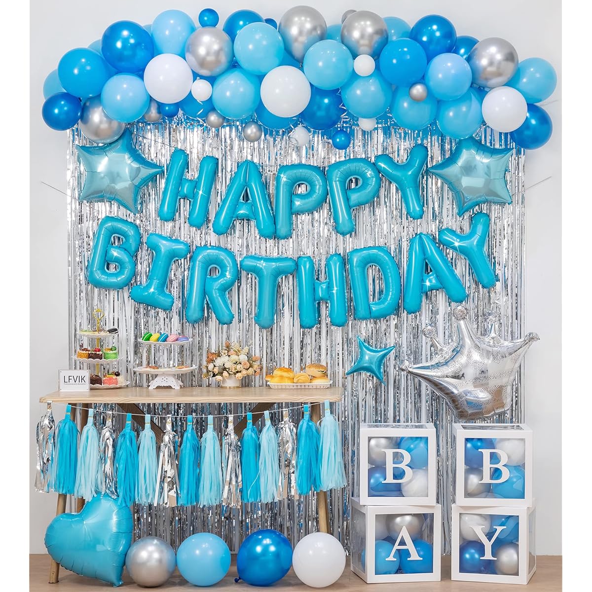 LFVIK Blue Birthday Decoration Balloon Arch Kit 68 Pieces Balloons/Banner/Silver Foil Background/Stars/Tassels/Baby Shower Uni