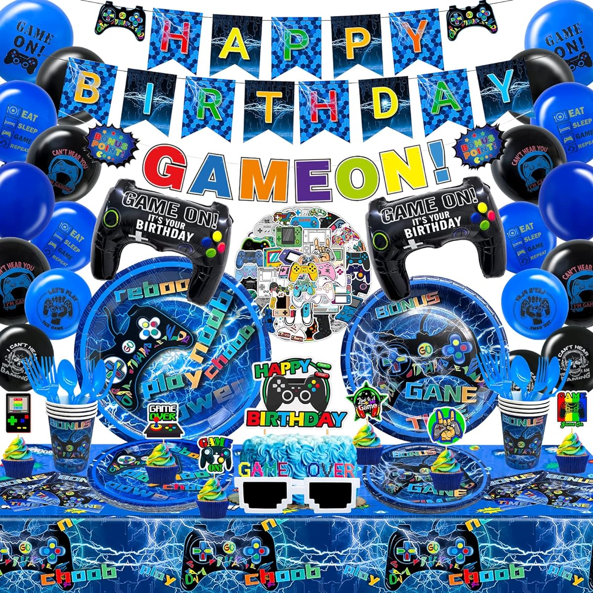 Gamer Birthday Decoration Game Decoration Banner Pennant Flag Cake Topper Balloon Napkin Plate Fork Spoon Tablecloth Video Game Party Supplies Boys Kids Teens