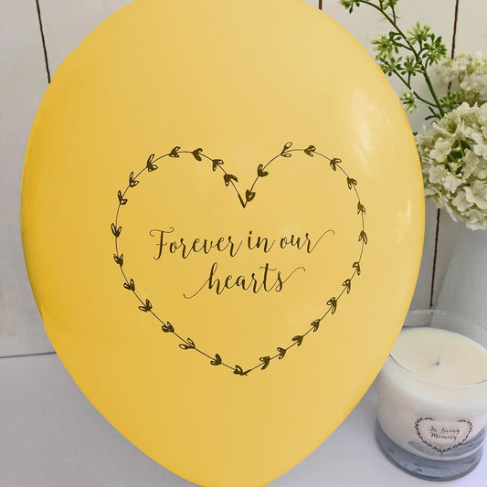 25 Yellow 'Forever In Our Hearts' Funeral Remembrance Balloons - 100% Biodegradable - by Angel & Dove