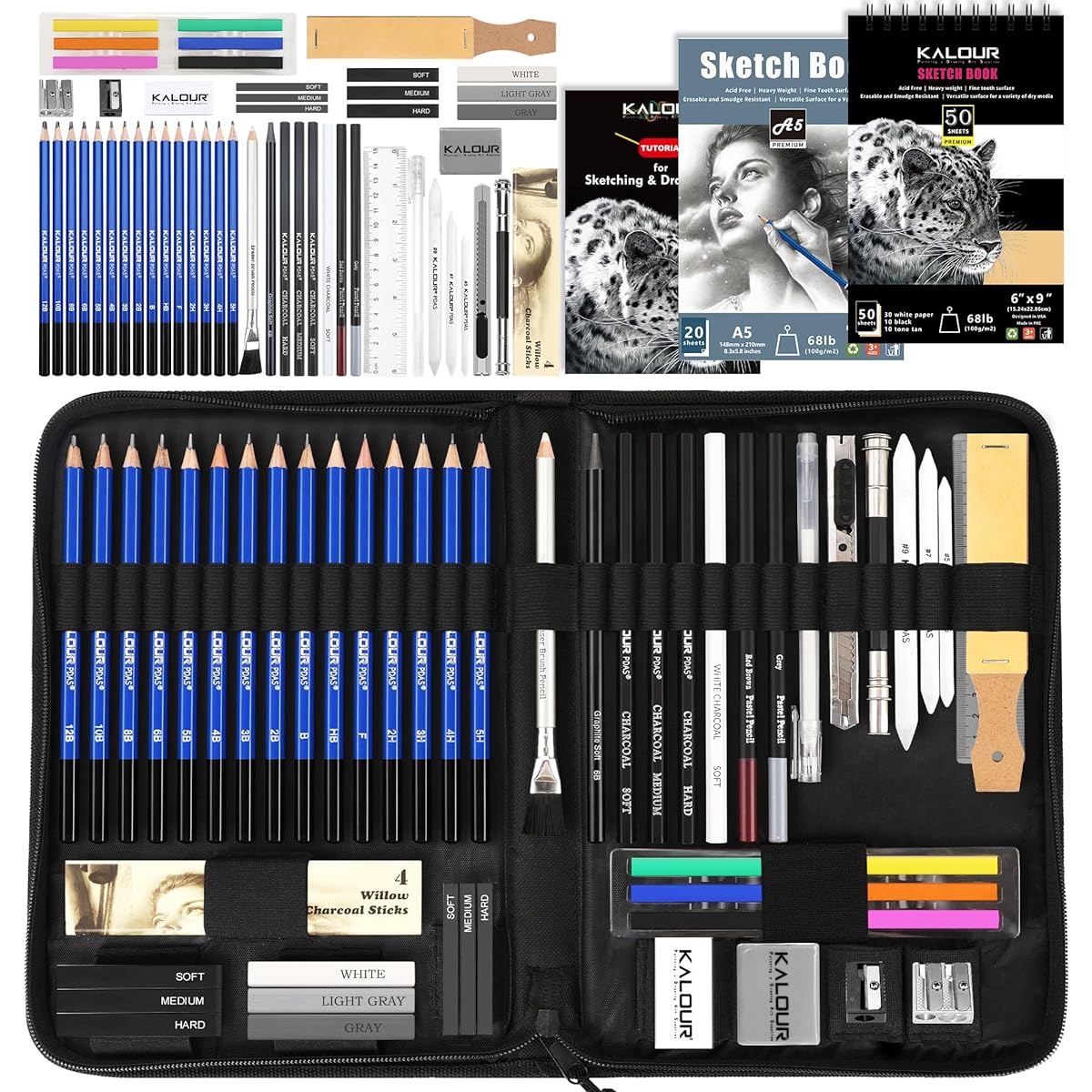 KALOUR PDAS Drawing Set Sketch Kit Sketch Supplies 3 Color Sketchbook Graphite & Charcoal Pencils A5 Sketchbook Tutorial Pro Art Drawing Kit for Artists/Adults/Beginners