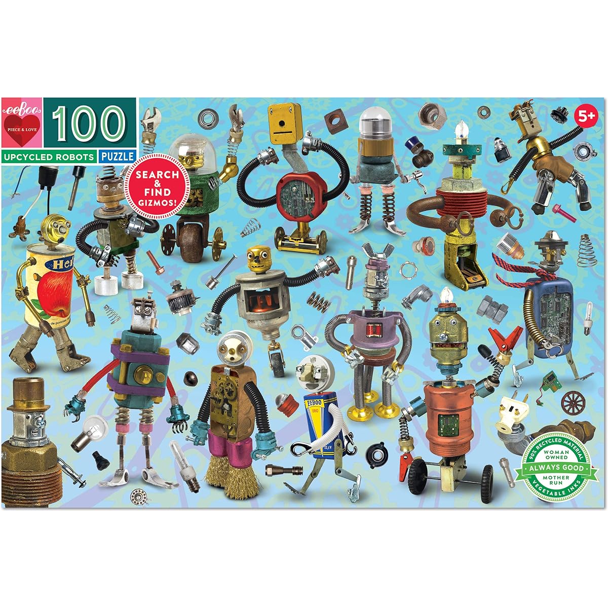 eeBoo: Upcycled Robot 100 Piece Puzzle - Perfect for Small Hands - Helps Develop Pattern, Shape and Color Recognition - Challenges Kids - Ages 5+