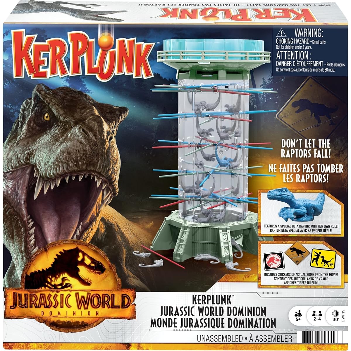 Jurassic World Dominion KerPlunk! Raptors Game Tower, Stick, Toy Velociraptor Dinosaur Gifts and Collectibles