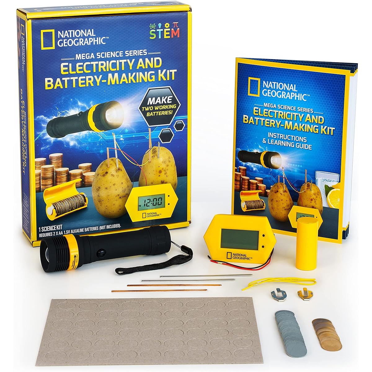 NATIONAL GEOGRAPHIC Battery Building Kit - Potato Clock Penny Powered Flashlight Science Kit with 2 STEM Electrical Projects, Great for Girls and Boys, Science Projects to Teach Kids Circuits