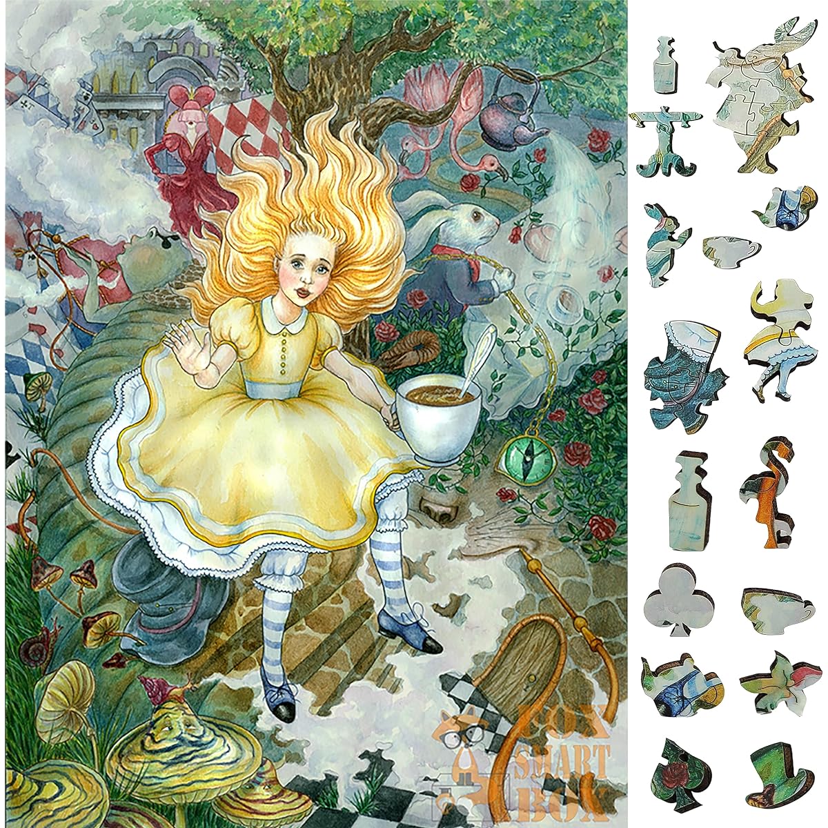 Wooden Jigsaw Puzzle for Adults with Uniquely Shaped Pieces - Made by FoxSmartBox - 250 Pieces - Alice's Fantasy