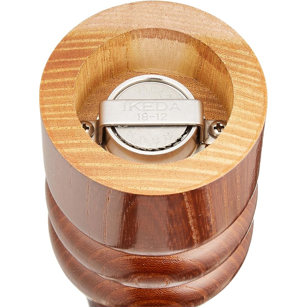 IKEDA Salt Mill 9105 Keyaki main body, metal fittings 18-12 stainless steel, knob brass, made in Japan PPP50009