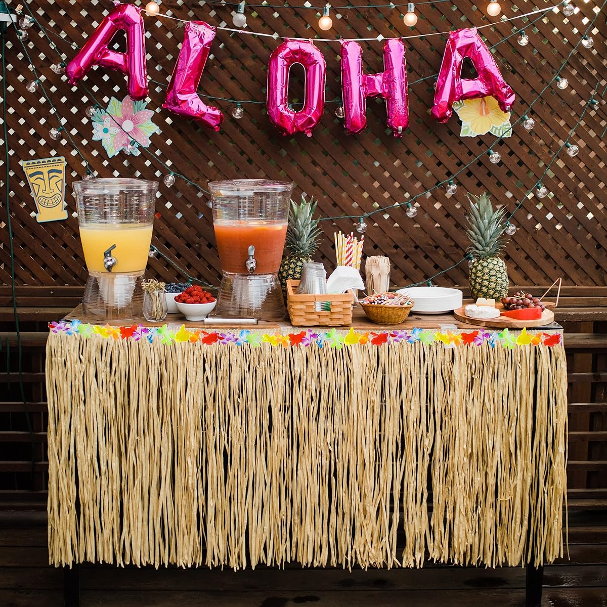 2 Pack Luau Glass Table Skirts 2 Feet with Hibiscus, Reusable - Hawaiian Party Decorations Tropical Beach Tiki Moana Birthday Party Decorations Supplies Accessories Novelty by 4E