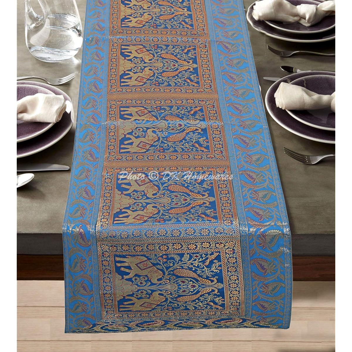 DK Homewares Traditional Indian Tablecloth Wedding Dining Decor Turquoise Gold Brocade Satin 60" Long Jacquard Elephant 5ft Table Runner (150 x 40cm)