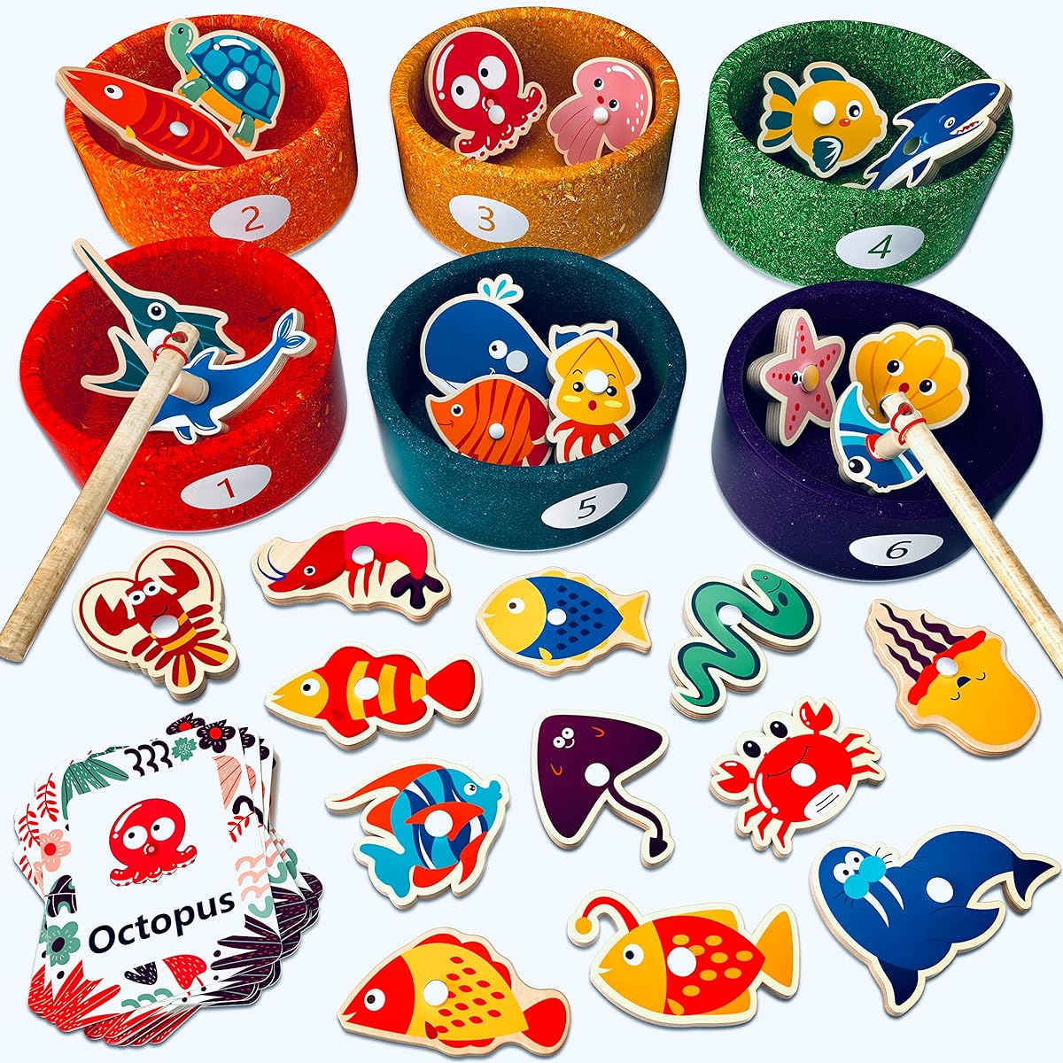 Toys for Toddlers 2-4 Years Montessori Wooden Sorting Cups & Fishing Game 26 Pieces Marine Animals ABC Magnetic Toys for Toddlers 3 4 5 6 Years Old Girls Boys Fine Motor Skills Educational Toys for Kids (2 Poles)