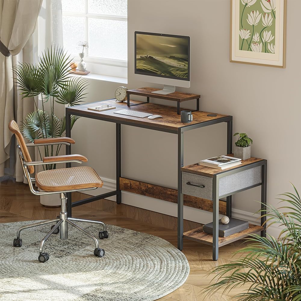 CubiCubi Desk, Movable Top Board, Adjustable Height, Comes with Rack, Comes with Drawers, Living Alone, Convenient Storage, Computer Desk, Study Desk, Width 80cm x Depth 40cm, Brown