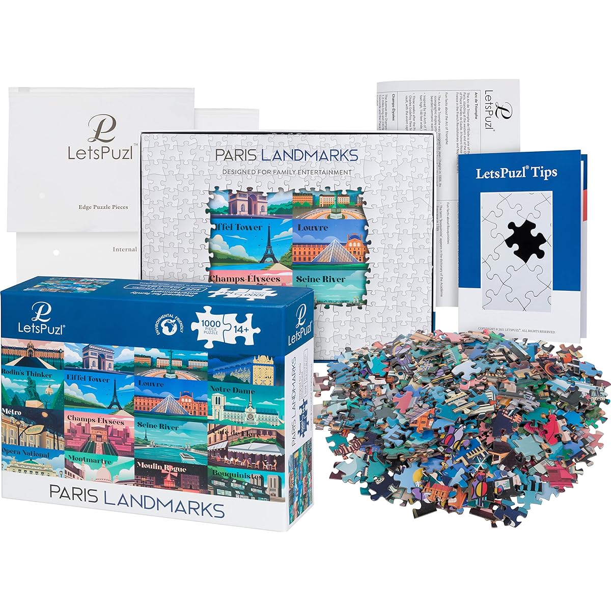 LetsPuzl Paris Landmarks Jigsaw Puzzle - Stunning 1000 Piece Puzzle for Adults/Travel Puzzle/Jigsaw Puzzle for Adults/Over 1000 Pieces/20" x 27"/3 Fun Bonus Items