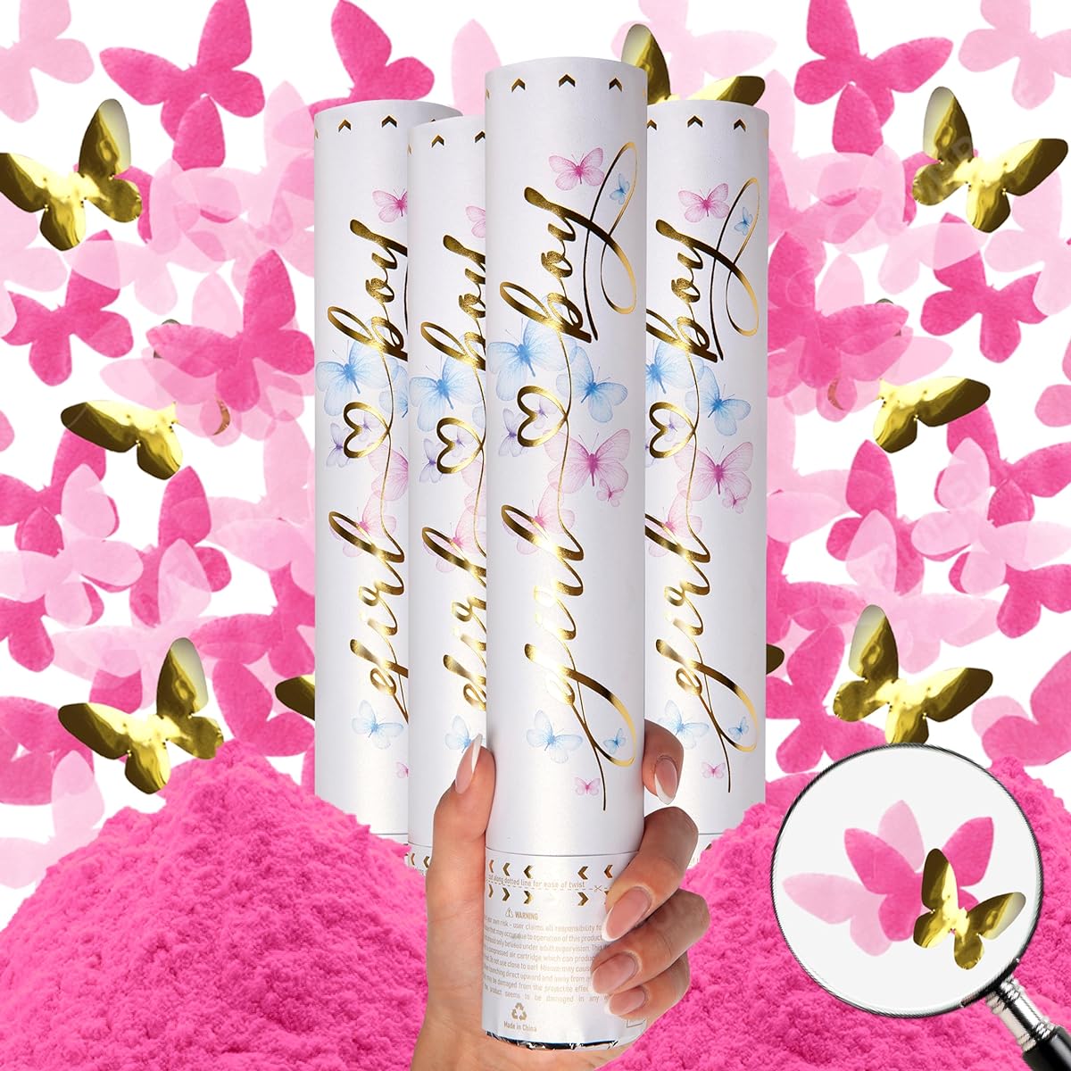Gender Reveal Confetti Cannon 4 Pack (4 Pink) | Butterfly Confetti Poppers & Powder Gender Reveal Smoke Bombs | Baby Gender Reveal Ideas Celebration Party Fireworks Boys and Girls Color Sparkler Sticks