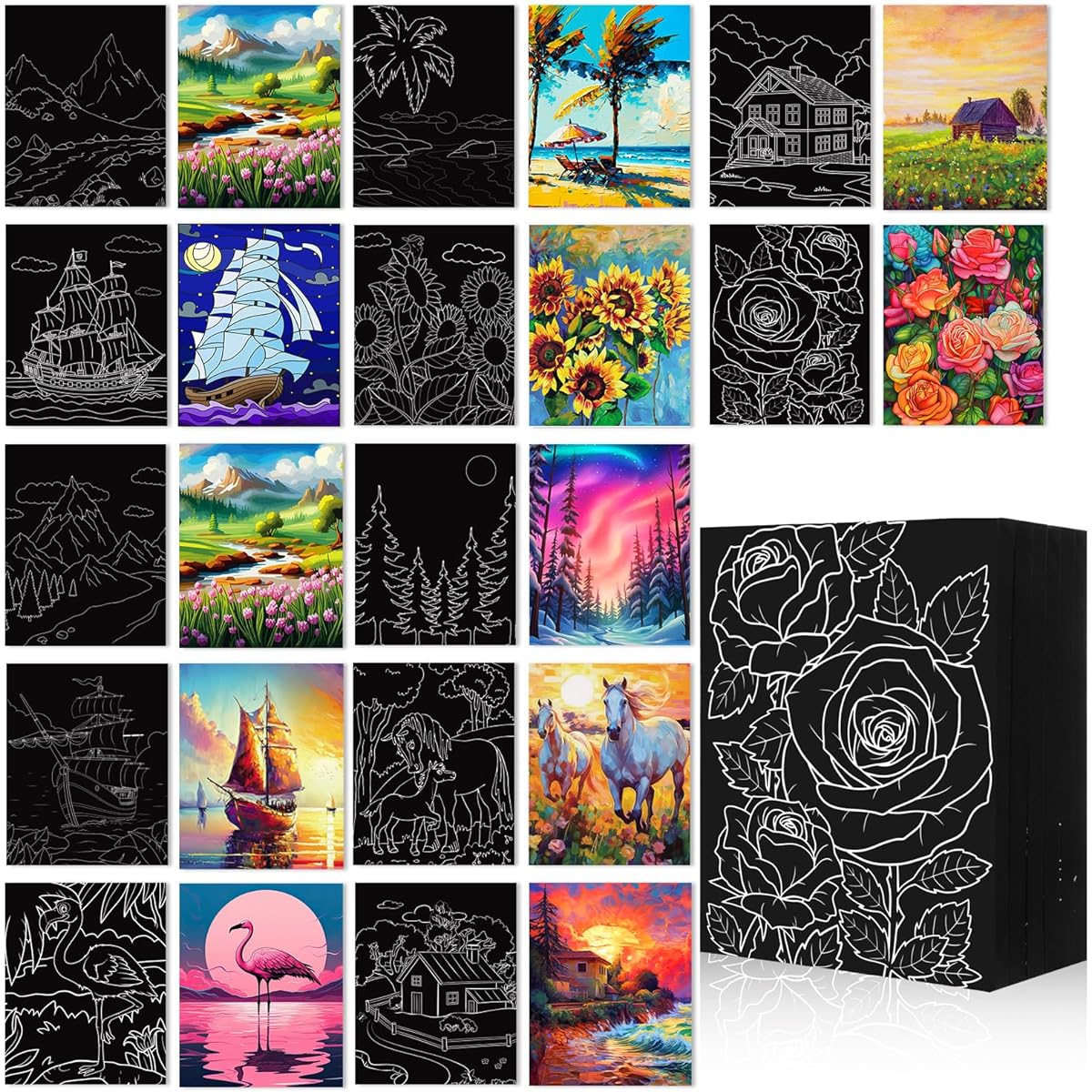 Qilery 12 Pieces Pre-Drawn Canvas for Painting 8 x 10 Inch Pre-Printed Canvas for Painting Pre-Stretched Canvas for Kids Students Artists Beginners Painting Party Favors