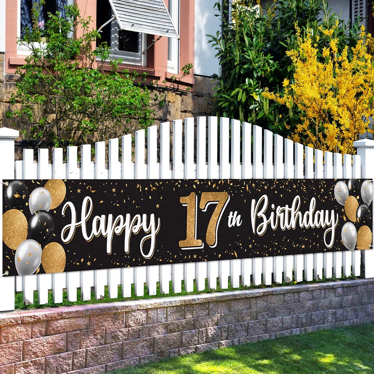 Nelbiirth Happy 17th Birthday Black & Gold Yard Sign Banner - Cheers to 17th Birthday Home Outdoor Photo Props Backdrop 17th Birthday Party Decorations (10ft x 1.5ft)