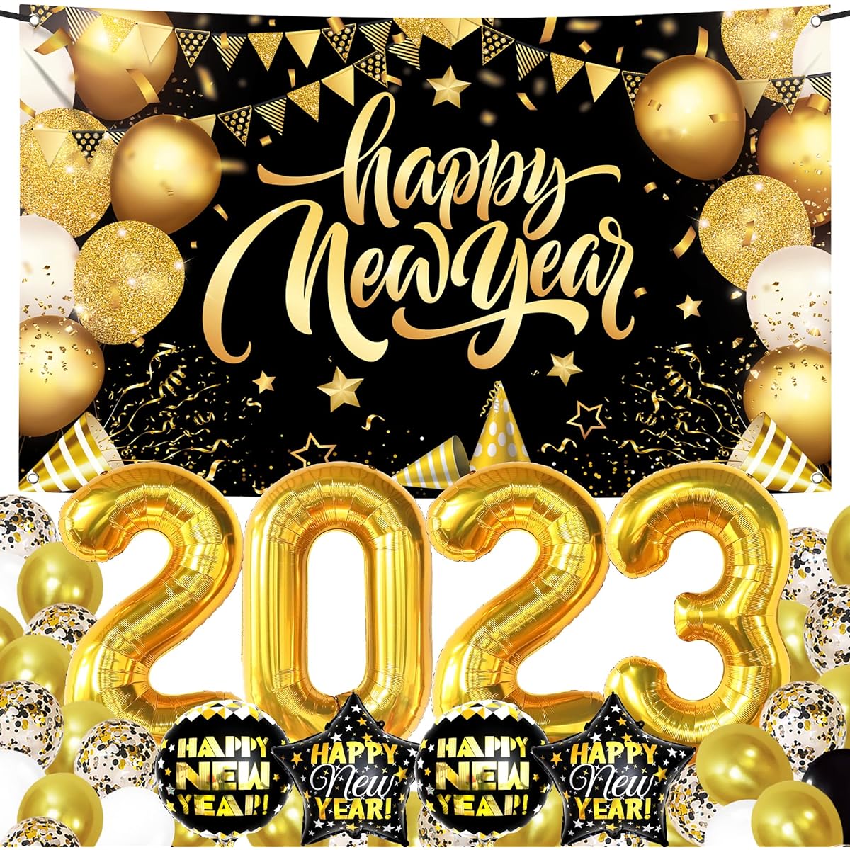 Large New Year's Eve Party Supplies 2023 Set - 44 Pack | Large Happy New Year Backdrop | 40" Gold 2023 Balloons Happy New Year Decorations 2023 Happy New Year Banner 2023 New Year Balloons