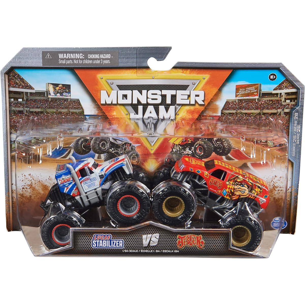 Monster Jam, Official Lucas Stabilizer vs. Jester Diecast Monster Truck, 1:64 Scale, Kids Toys for Boys Ages 3 and Up