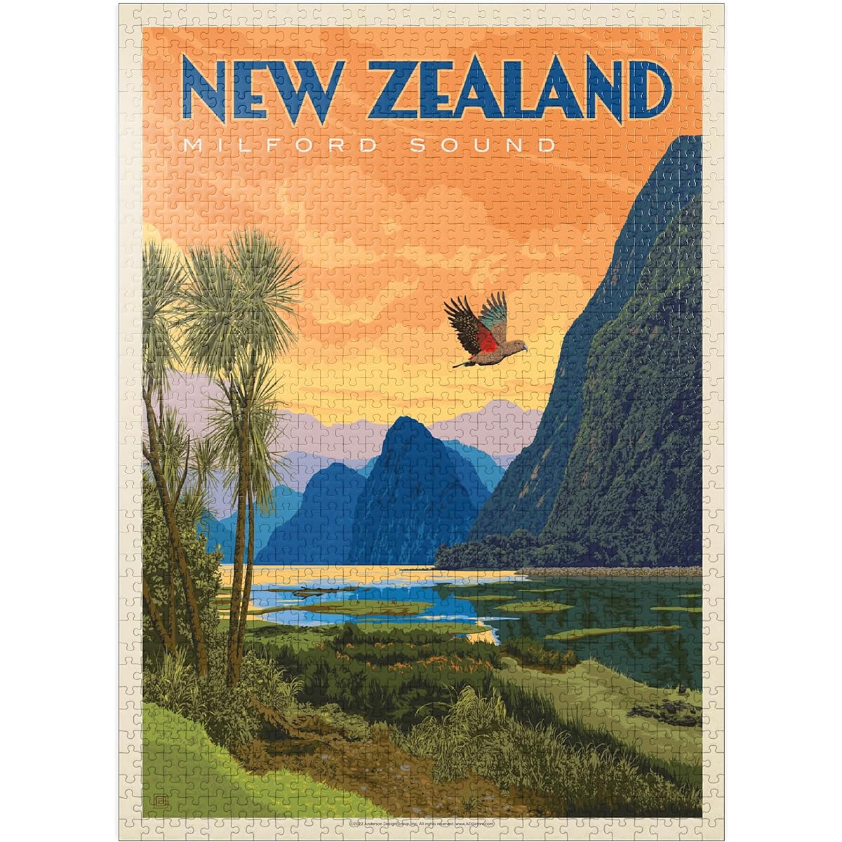 MyPuzzle New Zealand: Milford Sound, Vintage Poster - Premium 1000 Piece Jigsaw Puzzle for Adults