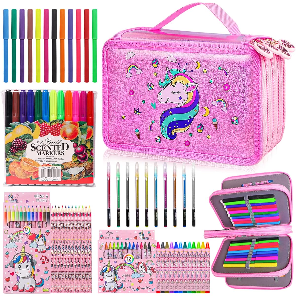 61 Piece Fruit Scented Marker Set with Unicorn Pencil Case, Arts & Crafts for Kids Ages 4-6-8, Perfect Unicorn Gifts for Girls, Kids Markers, Gel Pens, Pencils, Art Supplies, Stationery, Christmas Gifts