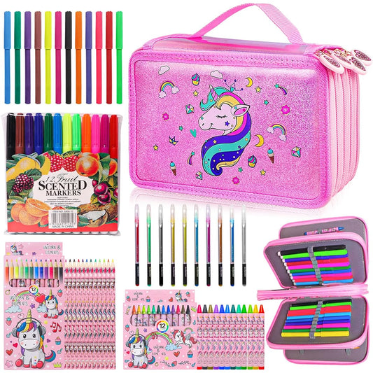 61 Piece Fruit Scented Marker Set with Unicorn Pencil Case, Arts & Crafts for Kids Ages 4-6-8, Perfect Unicorn Gifts for Girls, Kids Markers, Gel Pens, Pencils, Art Supplies, Stationery, Christmas Gifts