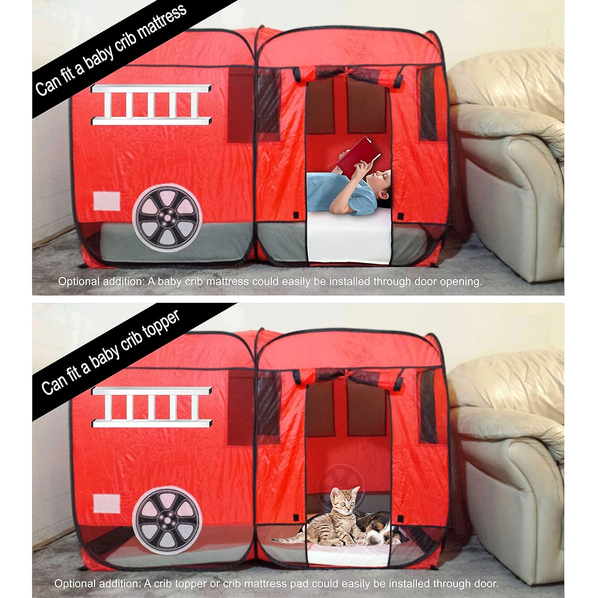 Big Kids Fire Engine Truck Pop Up Playhouse Play Tent for Toddlers Boys Girls Kids to Pretend Play Fireman, Can be Used Indoors or Outdoors w/Stakes Large Without-Step