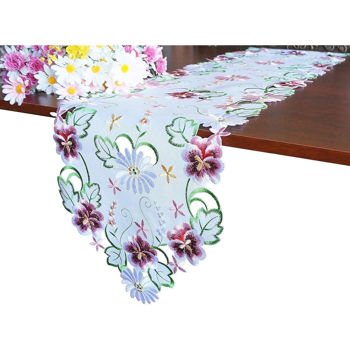 Spring Floral Table Runner 13" x 54" Embroidered Cutwork Floral Fabric Dresser Scarf for Home Kitchen Dining Easter Holiday Tabletop Decor (Runner 13" x 54" White)