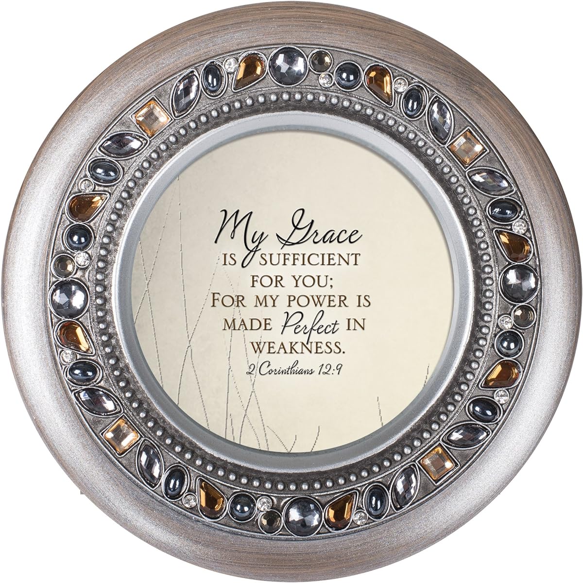 My Grace is Sufficient for You Brushed Silver Round Jewelled Music Box Plays Tune Amazing Grace
