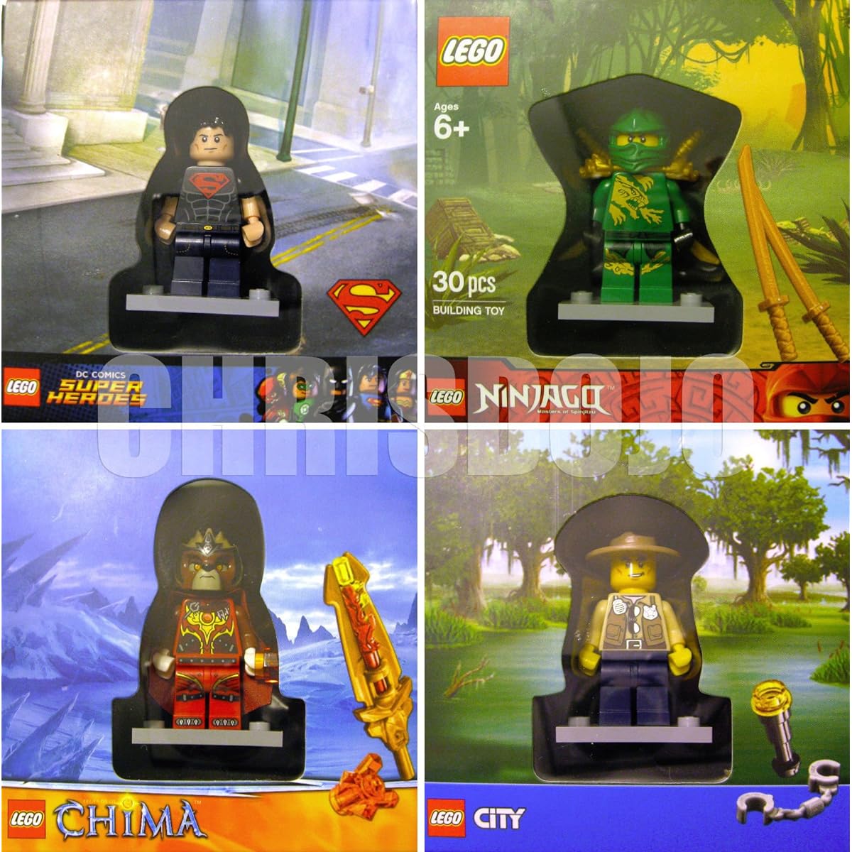 Lego Exclusive minifigure 4 pack box set, Superboy, Green ninja Lloyd, Lavertus, and City Adventure Ranger