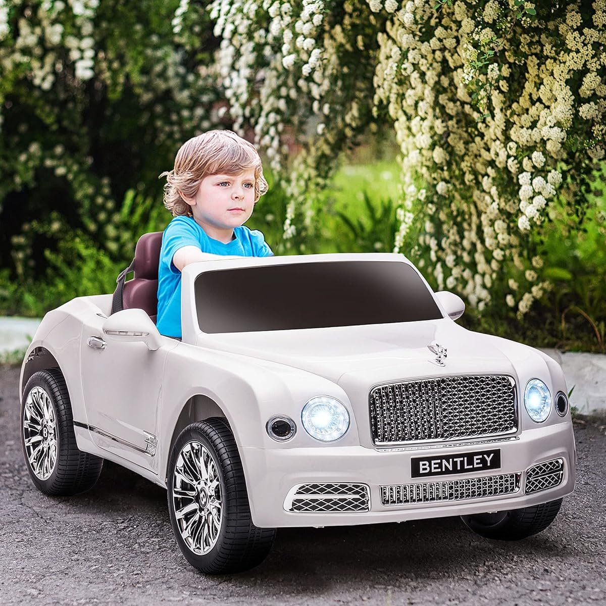 Aosom Bentley Bentley 12V Remote Control Battery Powered Car with Suspension Start-up Sound Forward & Reverse Function LED Light MP3 Horn Music 2 Motors 37-72 Months White