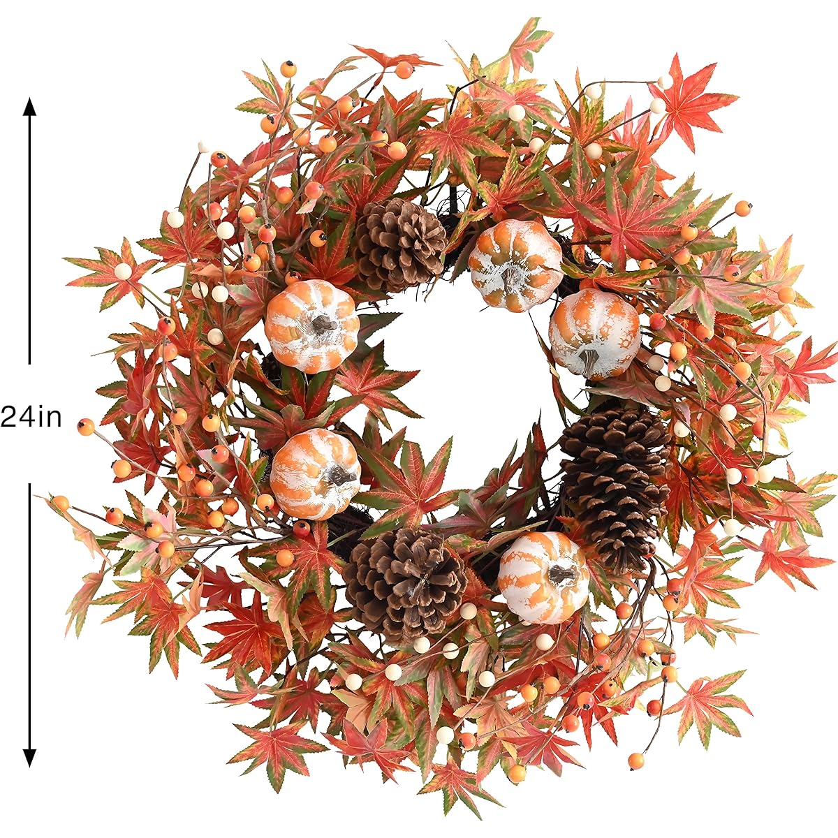 Pumpkin Pinecone Wreath Fall Wreath for Front Door 24 Inch Berry Artificial Maple Leaves Wreath Fall Harvest Wreath Thanksgiving Halloween Decoration Indoor Outdoor Window Hanging
