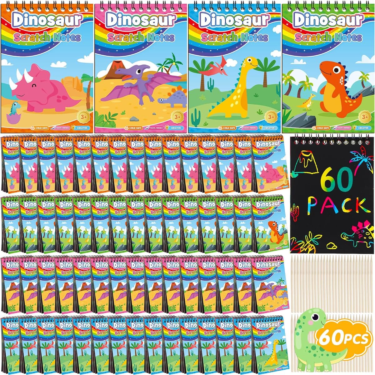 Motipuns Dinosaur Rainbow Scratch Book for Kids Dinosaur Rainbow Scratch Notes Bulk Dinosaur Magic Scratch Paper Art Supplies for Kids Birthday Party Giveaways Classroom Prizes