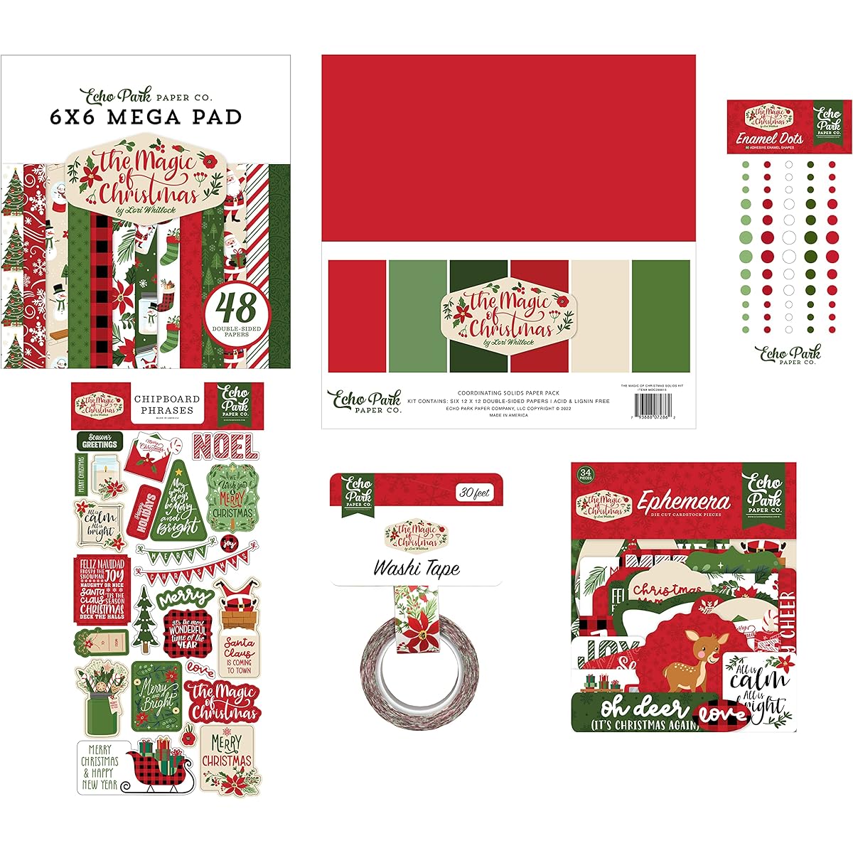 Echo Park The Magic of Christmas - Card Maker Designer Packs 6x6 Mega Paper Pad, 12x12 Coordinating Solid Paper Pack, Chipboard, Ephemera, Washi Tape, Enamel Dots