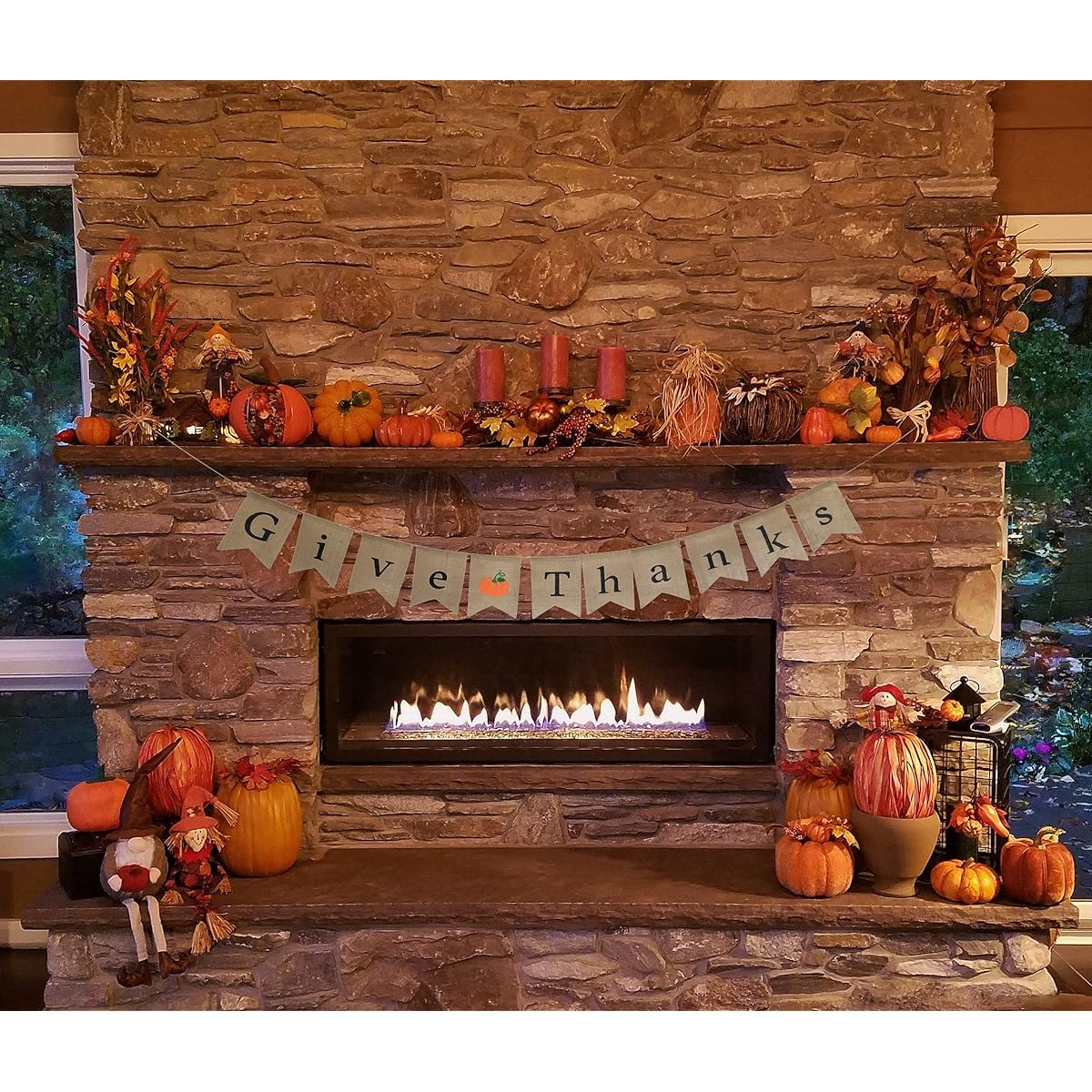 Give Thanks Burlap Banner - Thanksgiving Holiday Home Decor - Ready to Hang Garland - Assembled with Jolly Jon Orange Pumpkin Decor