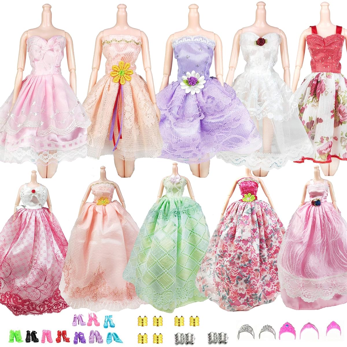 AMETUS Doll Clothes and Accessories for 11.5 inch Dolls, 2 Princess Dresses, 3 Short Dresses, 10 Shoes, 5 Bracelets, 5 Crowns, 25 Pieces Birthday Girl Gift