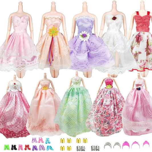 AMETUS Doll Clothes and Accessories for 11.5 inch Dolls, 2 Princess Dresses, 3 Short Dresses, 10 Shoes, 5 Bracelets, 5 Crowns, 25 Pieces Birthday Girl Gift