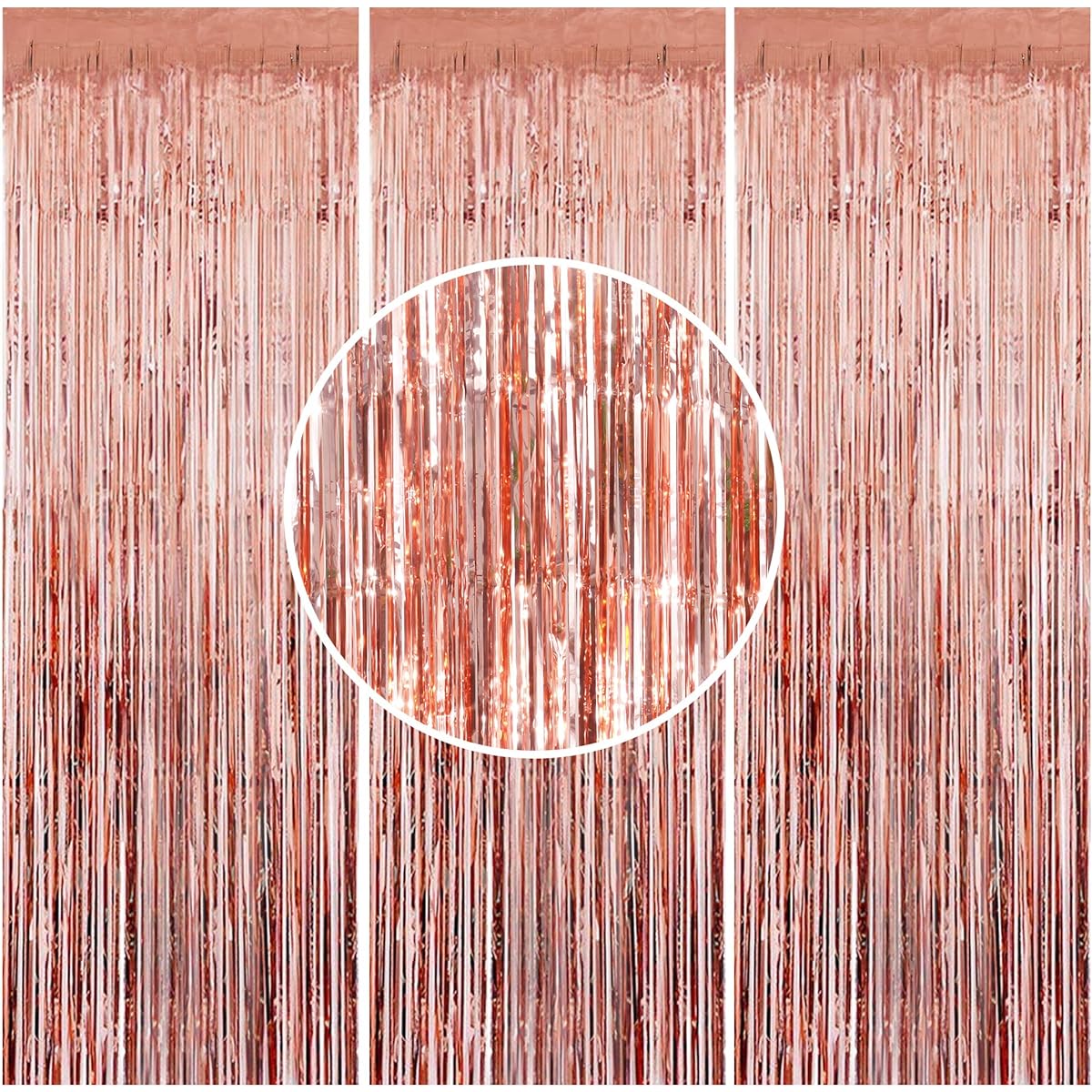 3 Pieces 3.2ft x 8.2ft Rose Gold Metallic Tinsel Foil Fringe Curtains for Halloween Party Bachelorette Birthday Wedding Baby Shower Engagement Holiday Party Decorations - Party Photography Backdrop
