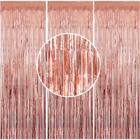 3 Pieces 3.2ft x 8.2ft Rose Gold Metallic Tinsel Foil Fringe Curtains for Halloween Party Bachelorette Birthday Wedding Baby Shower Engagement Holiday Party Decorations - Party Photography Backdrop