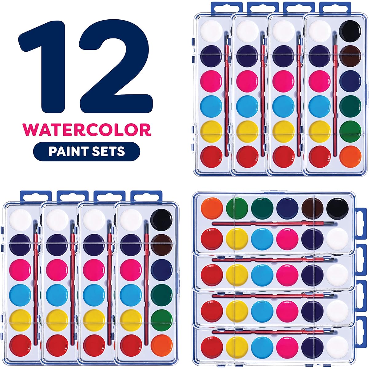 Watercolor Paint Set for Kids - Set of 12 - 12 Washable Paints - Perfect for Home, Classroom, Birthdays and Art Parties - Paint Brush Included