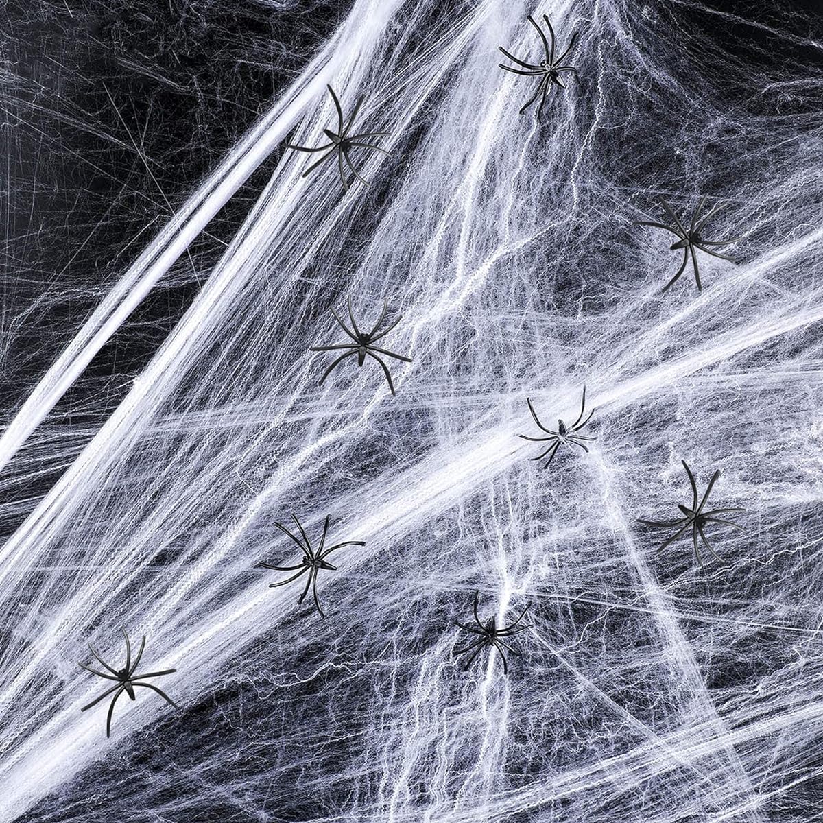 UCSAJI 2 Pieces 300 Square Feet Halloween Stretch Spider Web 60 Pieces Faux Plastic Spider Web Scary Spider Web Halloween Party Home Decoration Garden Decoration