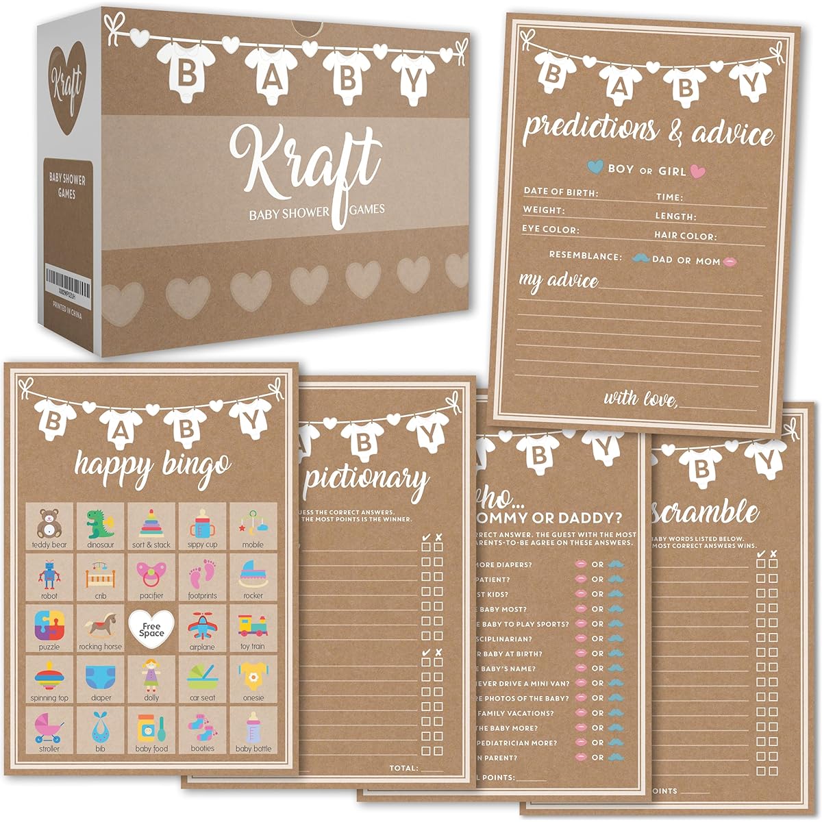 Baby Shower Game Crafts, Party Hearts, 5 Games, 50 Sheets Each, 5x7 Inch, Fun and Easy to Play Games, Baby Planning Advice, Emoji Emoticons, Guess Who Mommy or Daddy, Bingo, Word Scramble.