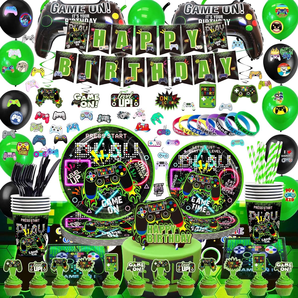 KOTLMIGHT Green Gamer Birthday Party Decorations - 269 Pieces Video Game Gaming Party Supplies for Boys Birthday Party - Table Cover, Utensils, Hanging Swirls, Birthday Banner, Stickers, Bracelets